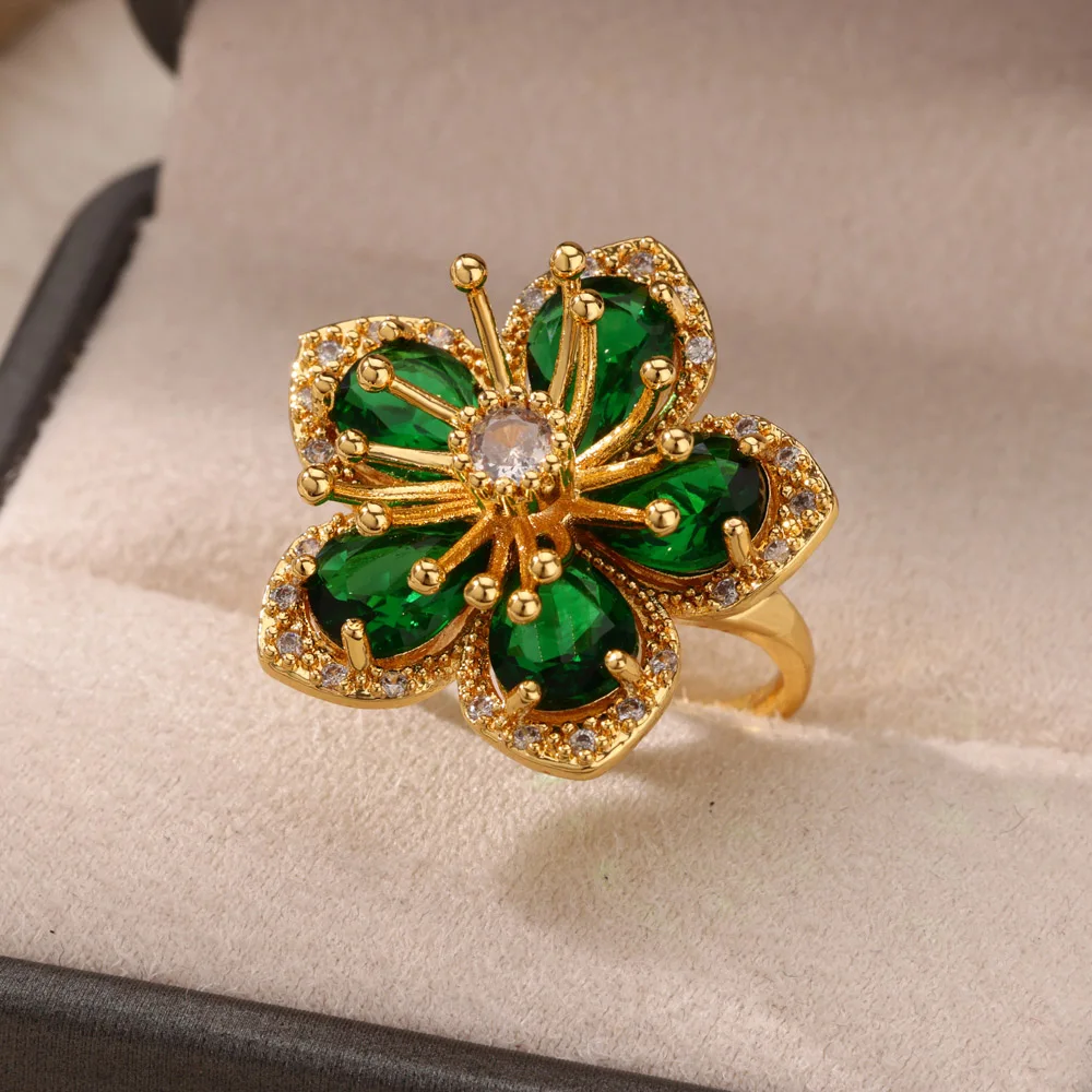 Luxury Flower Rings for Women Adjustable Stainless Steel Ring Gold Color Flora Aesthetic Wedding Band Jewelry Free Ship anillos