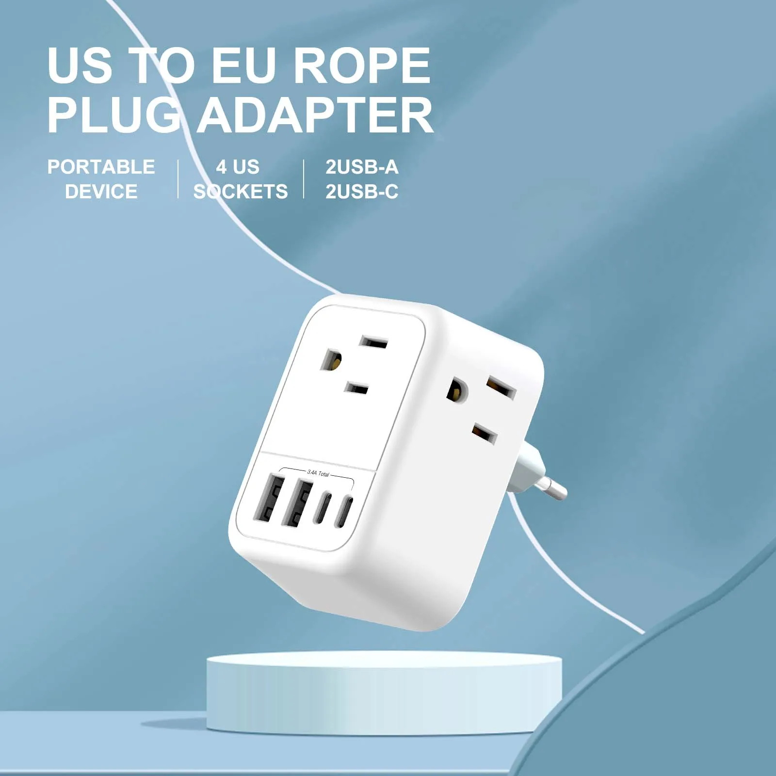 US to EU Travel Plug Adapter Type G Foldable Power Plug with 4 AC Outlets2 USB-A+2 USB-C Power Adapter 10A 100-250V  2500W