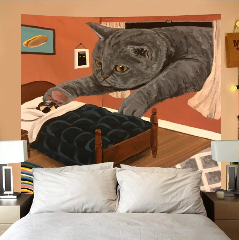 VIKAMA Giant Cat Tapestry Wall Hanging Surreal Humor Orange Room Window Funny Kitty Illustration Aesthetic Wall Art Decor