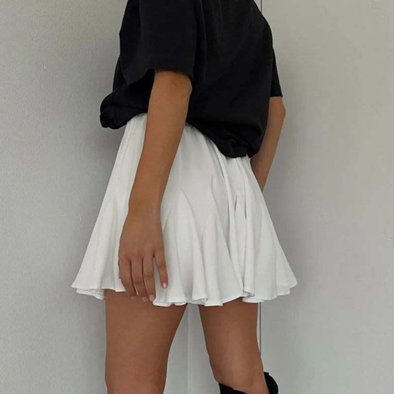 Women's Summer White Mini Skirt High Waist A-Line Vintage Ruffle Tennis Style Black Elastic Waist Cute Ruffle Short Skirts