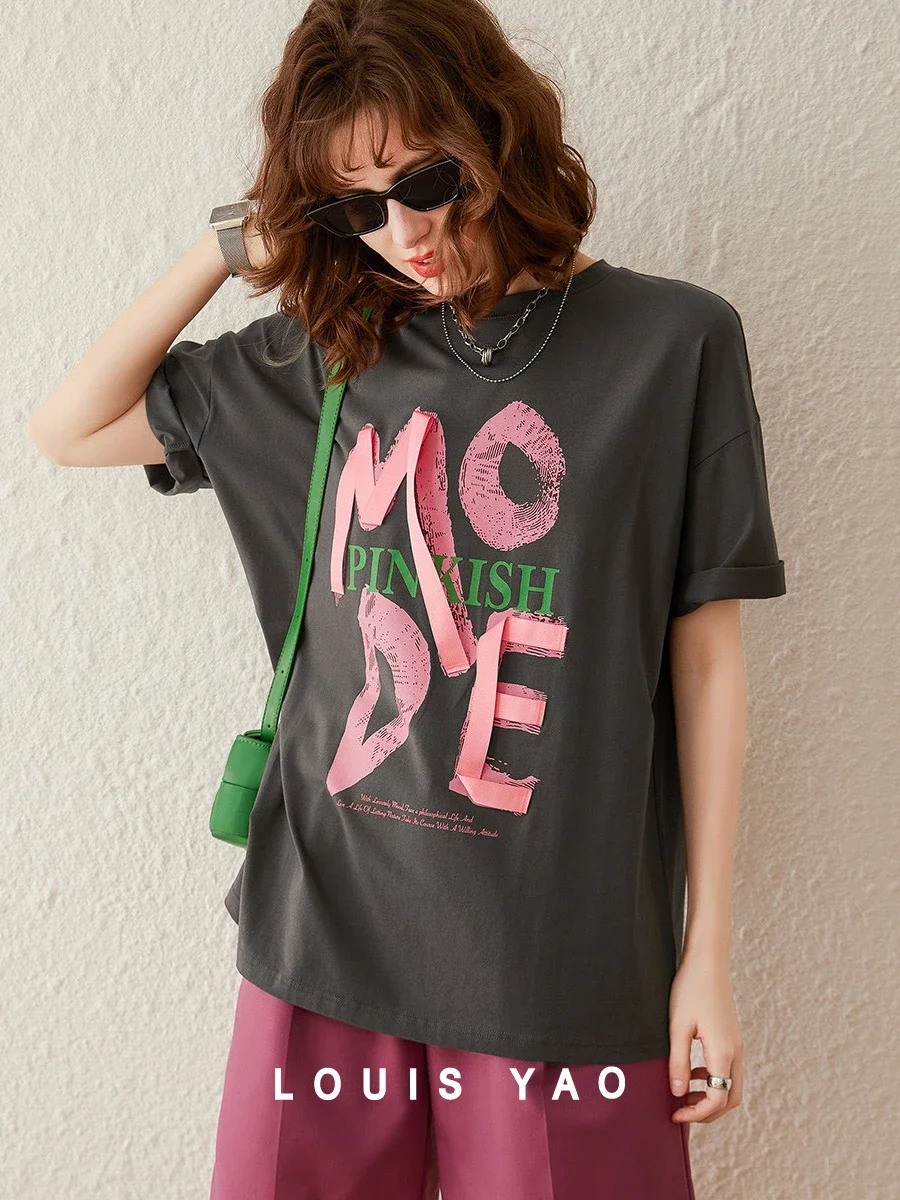 LOUIS YAO Women Print T-shirt 2024 Summer New Webbing Letter Tee O Neck Short Sleeve Loose Casual Pullover Top