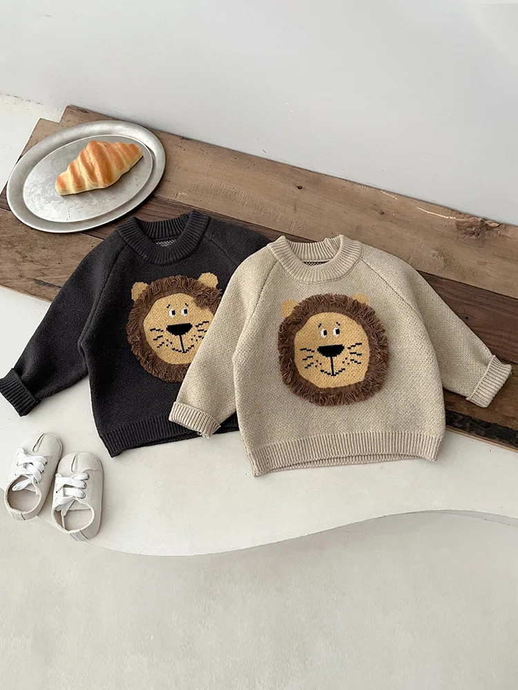 MiniAinis Autumn Winter Baby Thickened Lion Round Neck Top Girls Knitted Warm Sweater Boys Cartoon Clothes Children Clothing