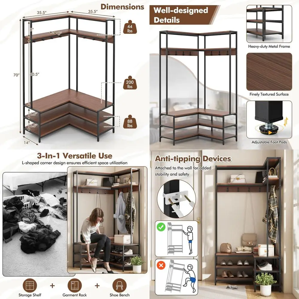 

Прихожая тумба-шкаф 70 дюймов с сиденьем, местом для обуви и 7 крючками - Коричневая, прочная, металлическая мебель для прихожей
