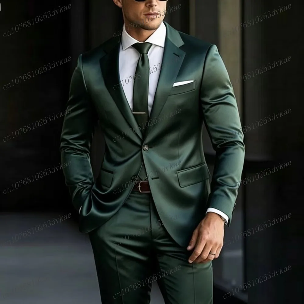 

New Dark Green Acetate Satin Men Suit Party Prom Special Business Groom Groomsman Wedding Male Tuxedos 2 Piece Set Blazer Pants