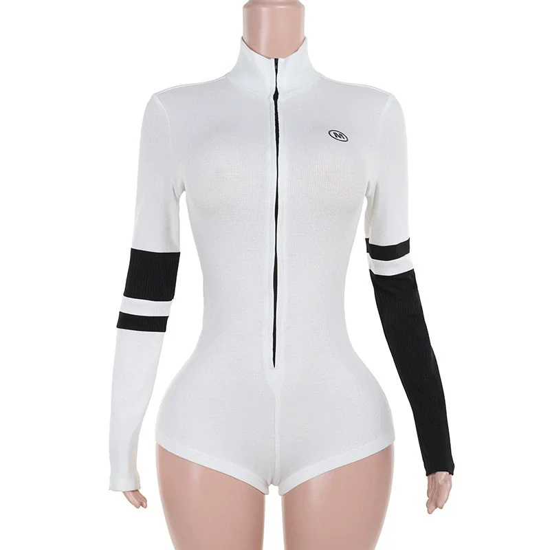 Bodysuit women trend knitted one pieces long sleeve Motorcycle short jumpsuit moto biker zipper turtleneck tight Slimming body