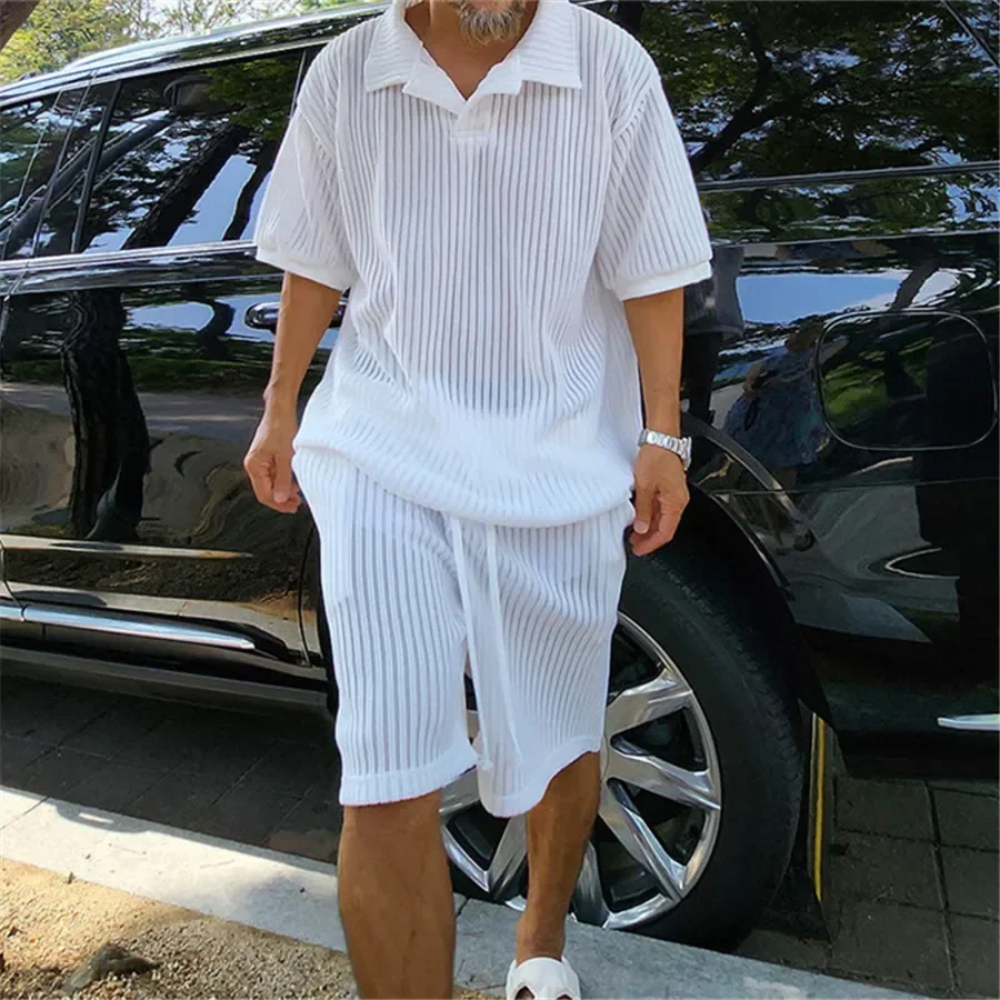 

2024 New Summer Knitted Short Sleeve T-shirt and Shorts Male Two Piece Set Streetwear Casual Solid Color Men Sports Suits Tops
