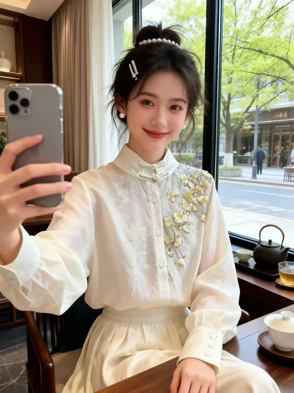 High-end Spring Summer Beading Top New Chinese Style Top Women's Flowers Loose Blouse Shirt S-XL
