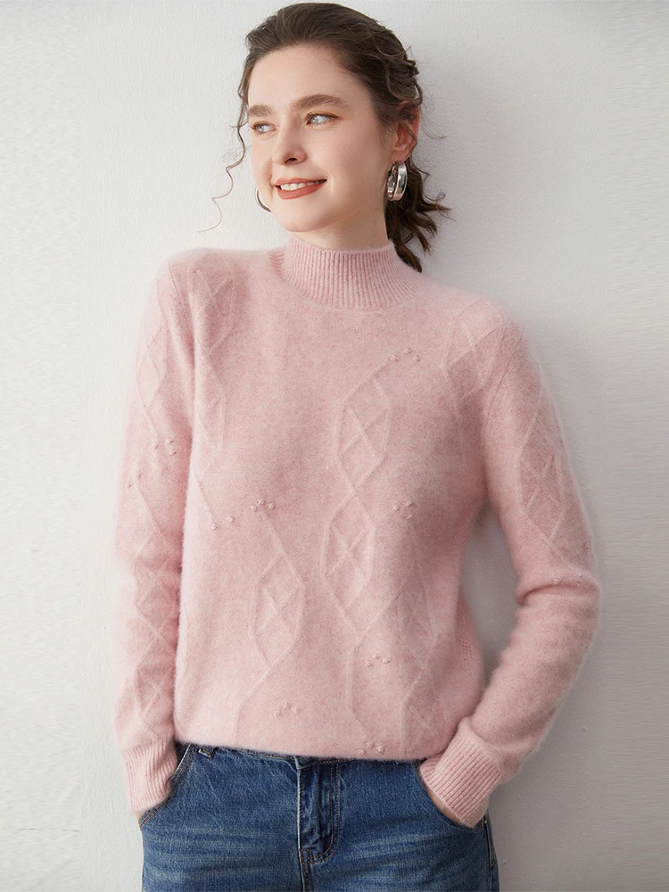 

Women's 100% Cashmere Sweater Rhombus Autumn Winter Solid Color Mock Neck Pullover Jacquard Knitwear Casual Lazy Clothing Tops