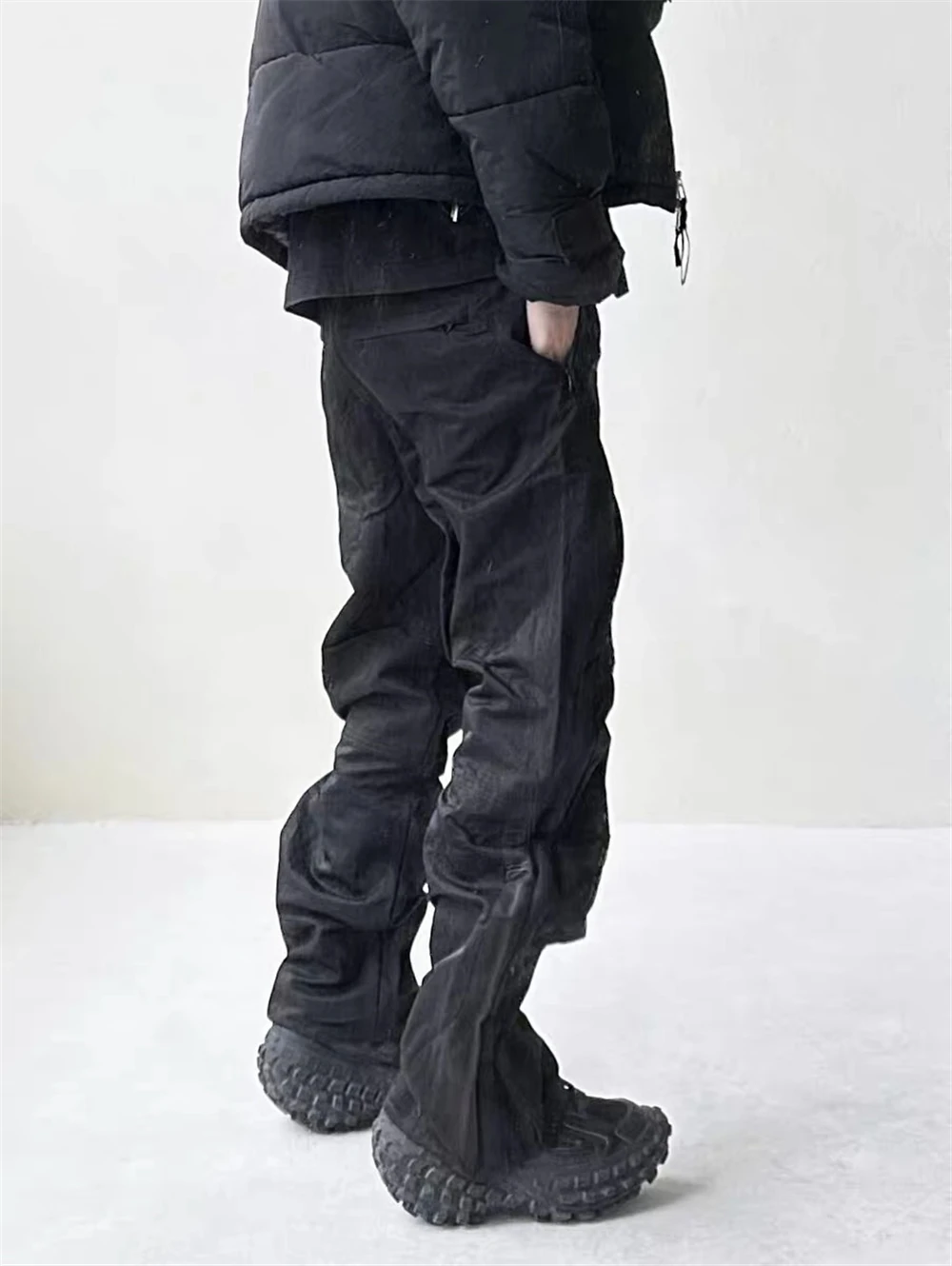 Black Functional Zipper Track Pants Men Ruched Casual Jogger Streetwear