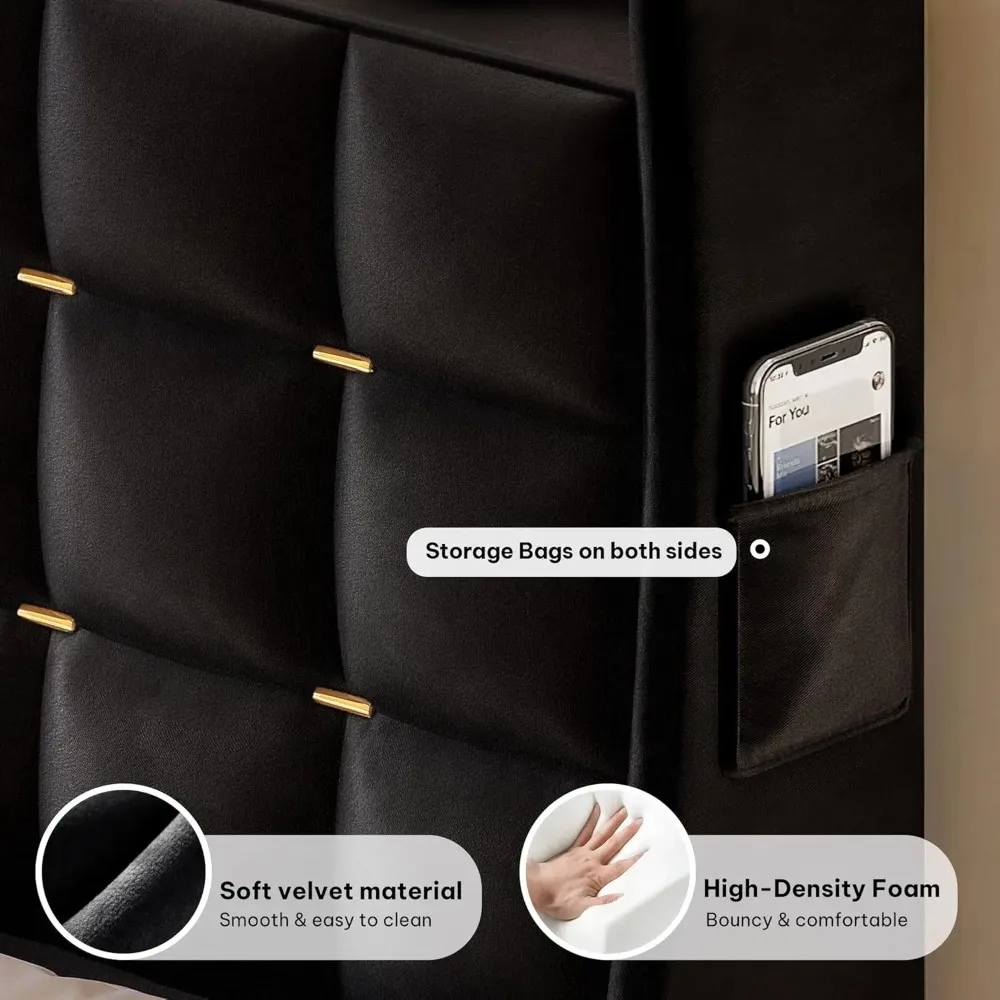 إطار سرير كوين/كينج LED مع 4 أدراج سرير بمنصة منجدة مخملية، لا حاجة إلى صندوق زنبركي، سهل التجميع