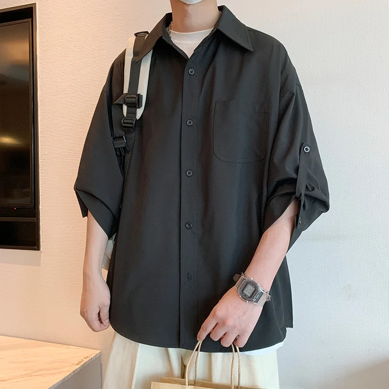 Summer Stand Collar Five-point Mid-sleeve Fashionable Men's Short Sleeved Shirt Seven-point Sleeve