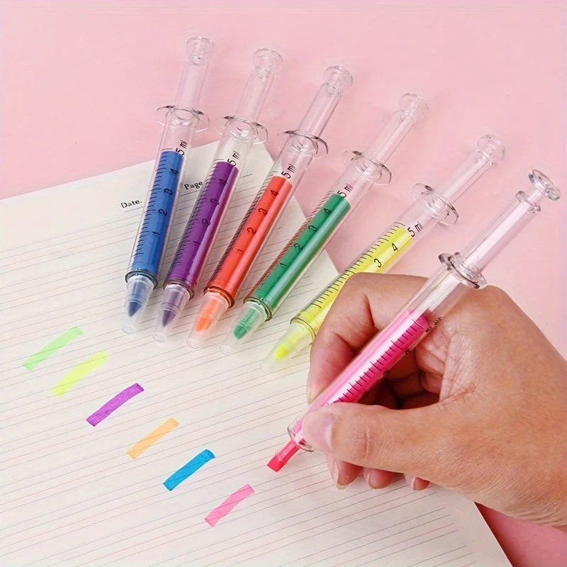 6pcs thick/thin Highlighter Markers, Syringe Style Highlighter, Drawing Markers, School And Office Supplies