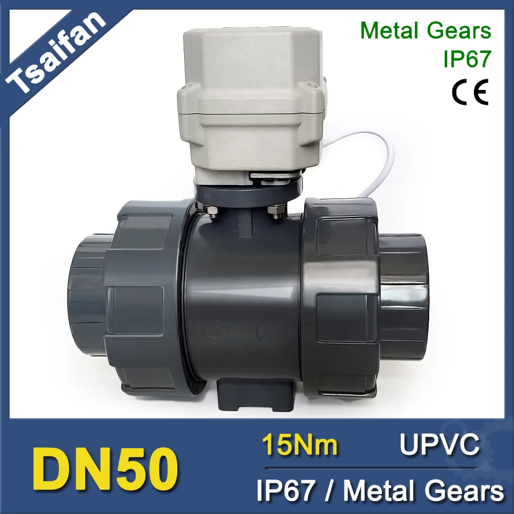 DN50 UPVC True Union Electric Ball Valve DC12 DC24V AC24V Motorized Water Valve Automatic Control for Swimming Pool Water Supply