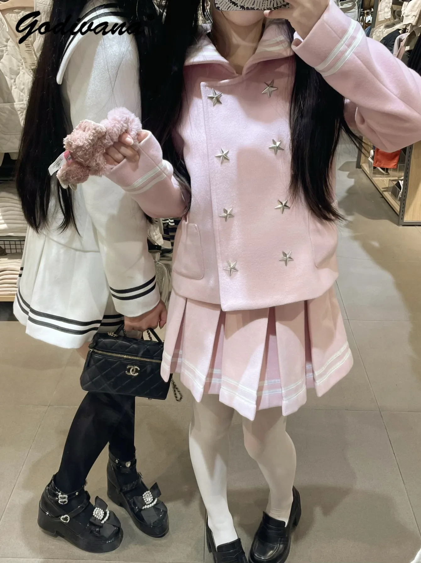 New Autumn and Winter Girls Sweet Star Sailor Suit Set Jk Uniform Kawaii Subculture Womens Navy Collar Woolen Coat Pleated Skirt
