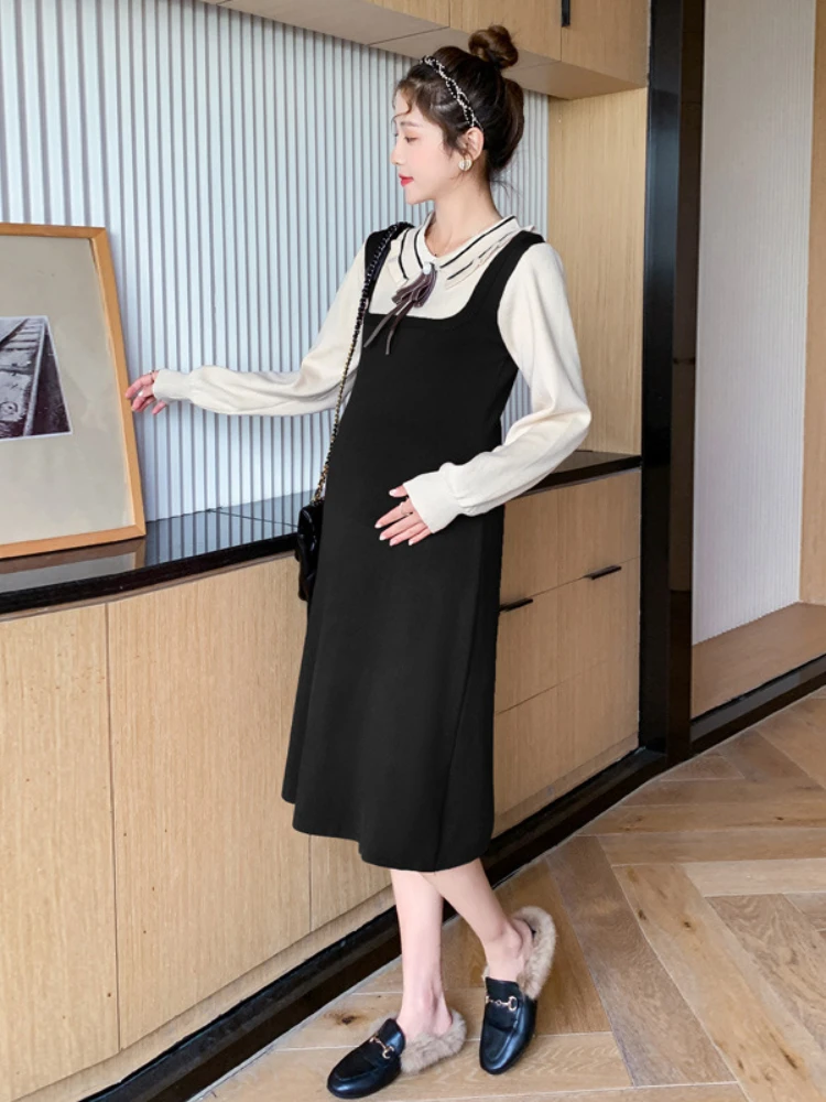 Fashion Patchwork Maternity Dress Spring Autumn Long Sleeve Fake Two Piece Dress Casual Vintage vestidos pregnant women clothing