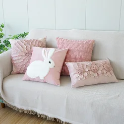 Home Decorative Pink Rabbit Throw Pillowcase 3D Flower Cushion Cover Cute Plush Girl Heart Sofa Bedside Pillow Cover