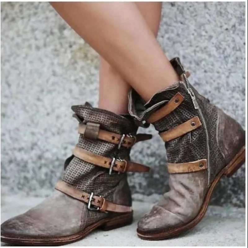 boots chunky low heels round toe shoes woman chaussure zapatos mujer gladiator vintage PU leather booties 2020