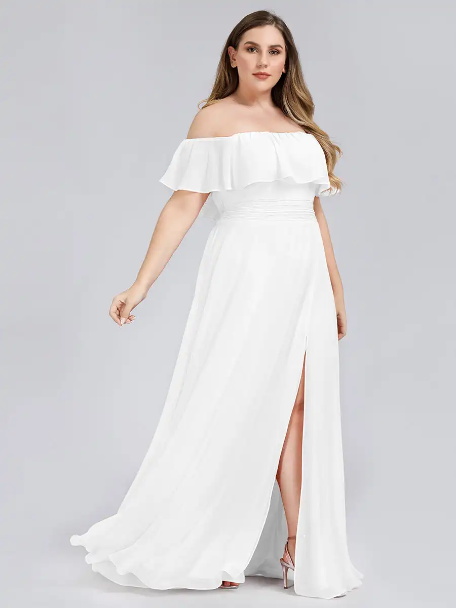 

BAZIIINGAAA Plain Off Shoulder Chiffon Wedding Dress with Side Split