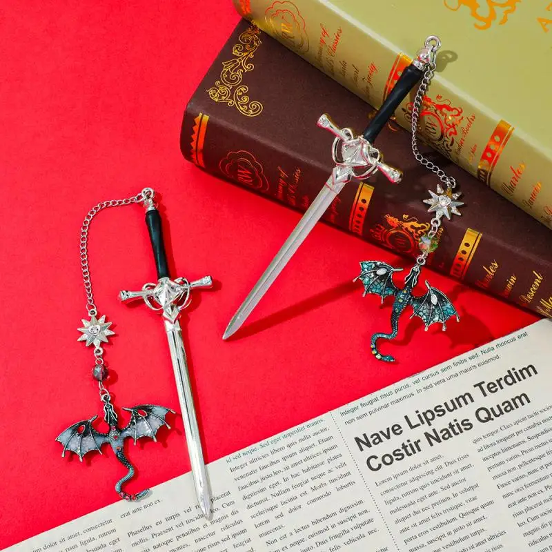 1Pc Sword-shaped Model Metal Bookmark With Double-winged Dragon Pendant Book Lovers Reading Accessories Birthday Gift