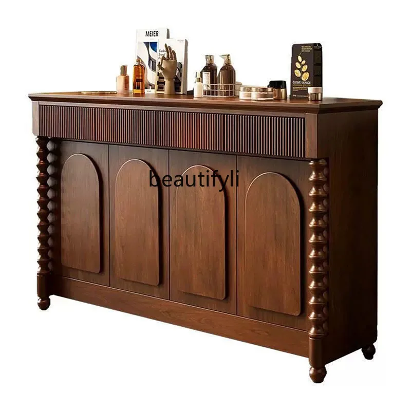 North America Cherrywood Solid Wood Sideboard Ancient Style Roman Column Living Room Multi-Functional Wall Entrance Cabinet