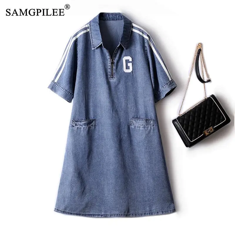 

Vintage Dresses For Women 2022 New Fashion Denim Stand Collar Distressed Big Pocket Letters Party Women's Summer Dress 4XL