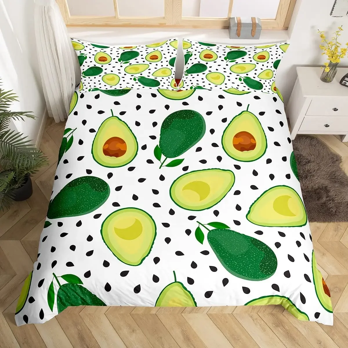 Avocado Duvet Cover for Kids,Cute Avocado Bedding Set, Green Tropical Fruits Comforter Cover for Kids Boys Girls with Pillowcase
