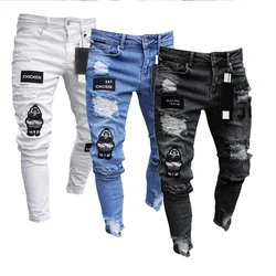 White Blue Black Jeans men's Stretchy Ripped Skinny Biker Embroidery Print Jeans Destroyed Hole Slim Fit High Quality Jean