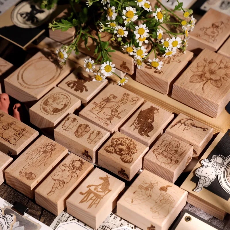 Vintage Lovely Flower Girl Boys Bear Wooden Rubber Stamp DIY Scrapbooking Photo Album Card Making Wood Seal