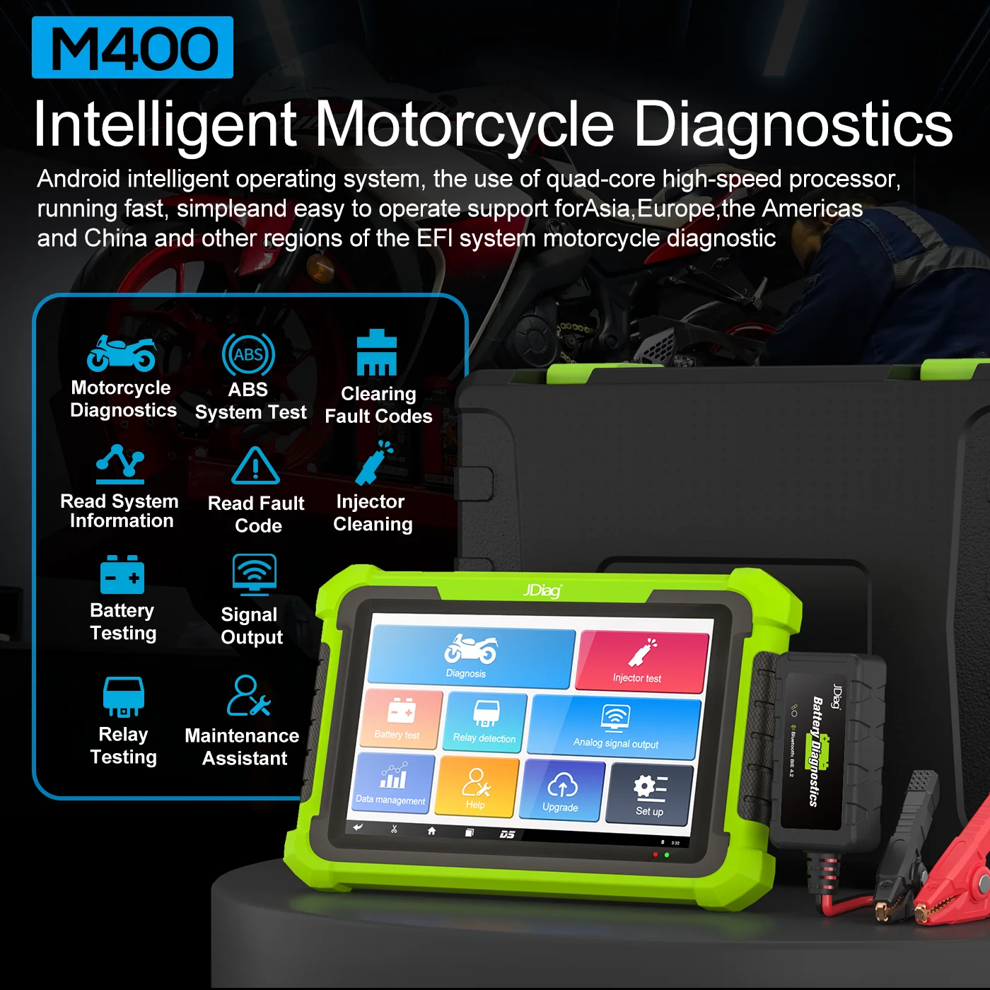 JDiag M400 Motorcycle Diagnostic Scanner ABS Test & Data Printing Battery Test for electronic fuel injection(EFI) motorcycles