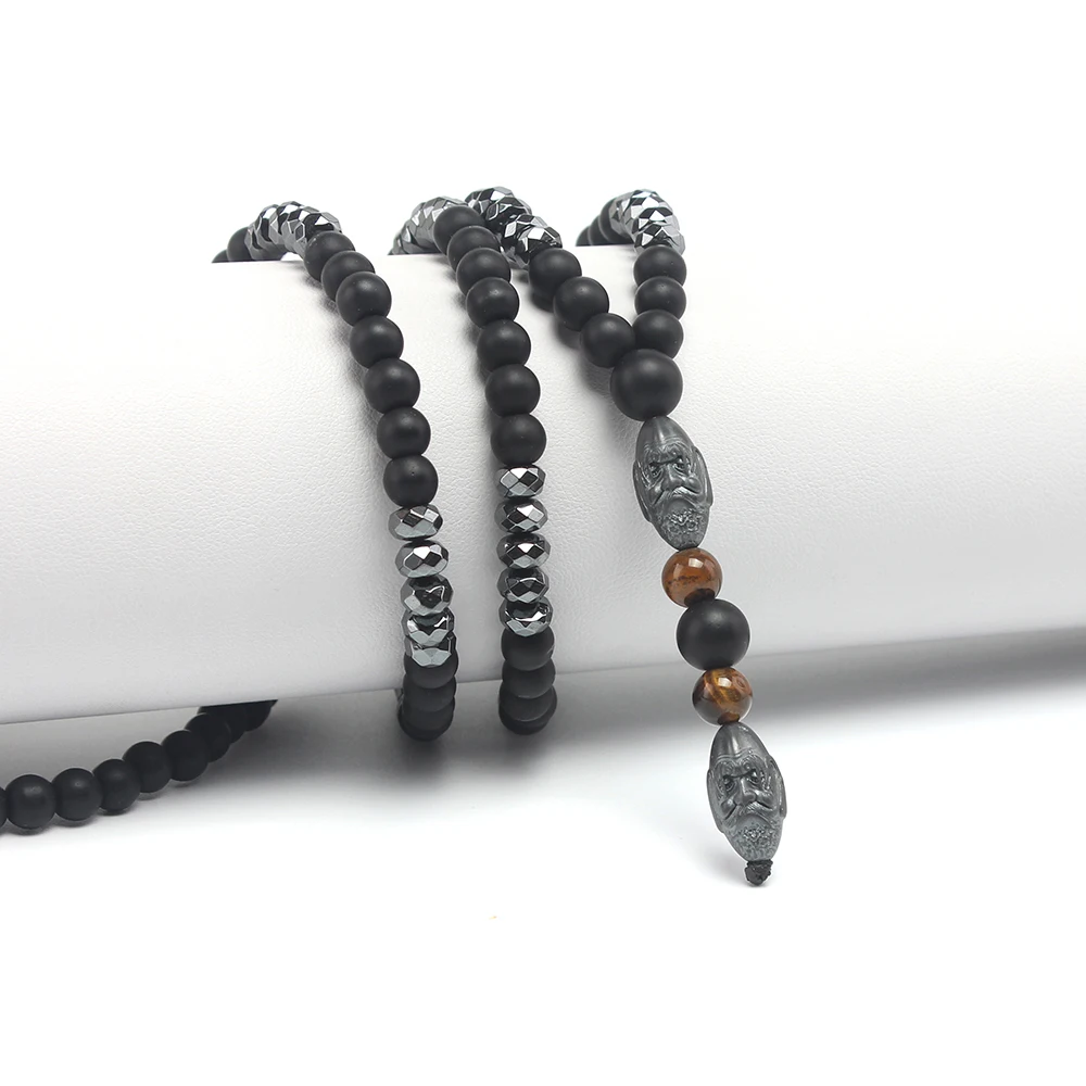 Black Obsidian Round Beads Hematite Old Man Head Pendant Y Necklace Men\'s Jewelry