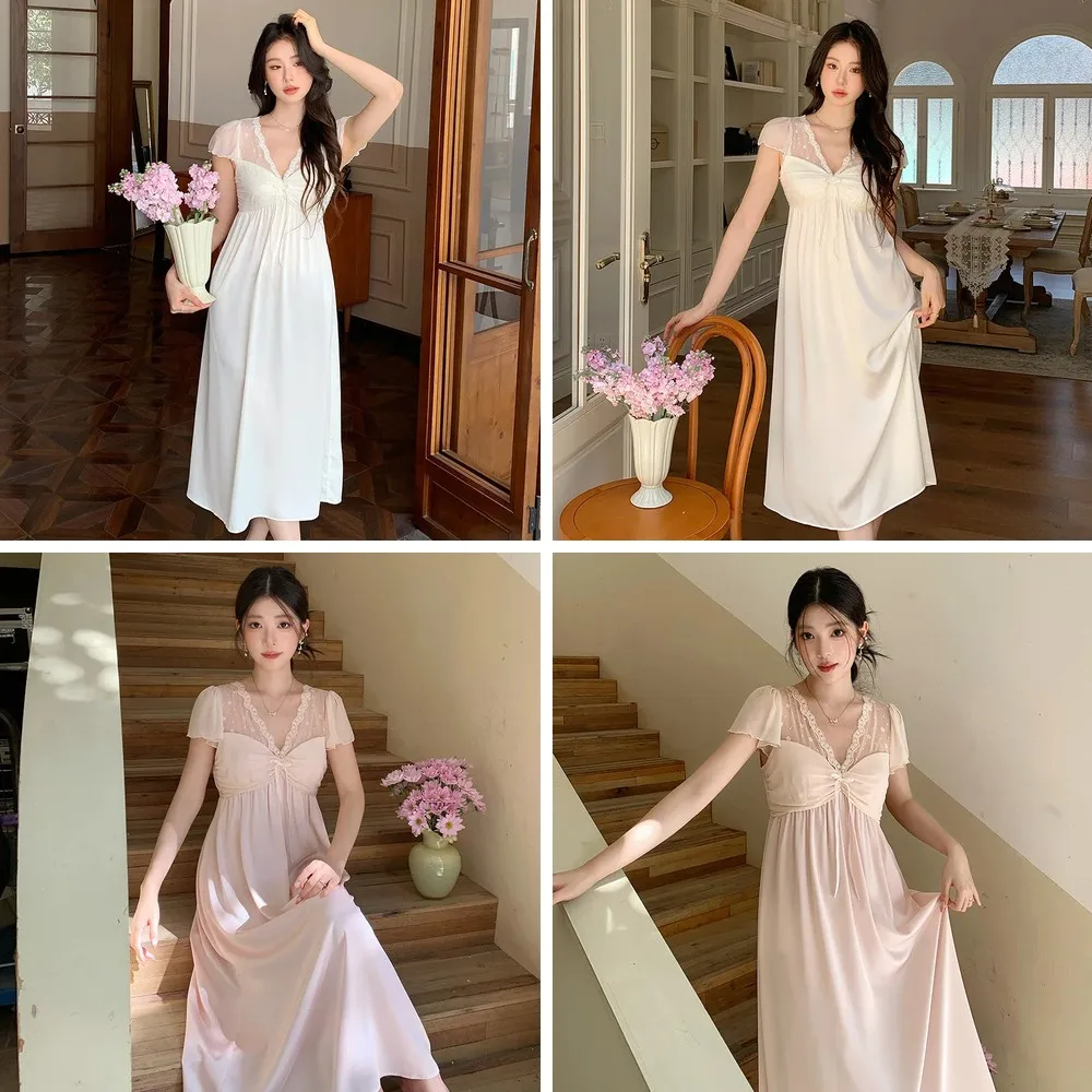 

French Style Elegant Nightgown Women's Lace Bow Mesh Long Slip Dress Home Wear