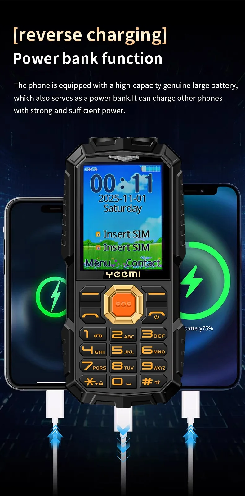 YEEMI Q5 LTE 4G Mobile Phone 2.4'' Screen 3000mAh Dual SIM HD Call Camera FM Double LED Flashlight Type-C Outdoor Button Phone