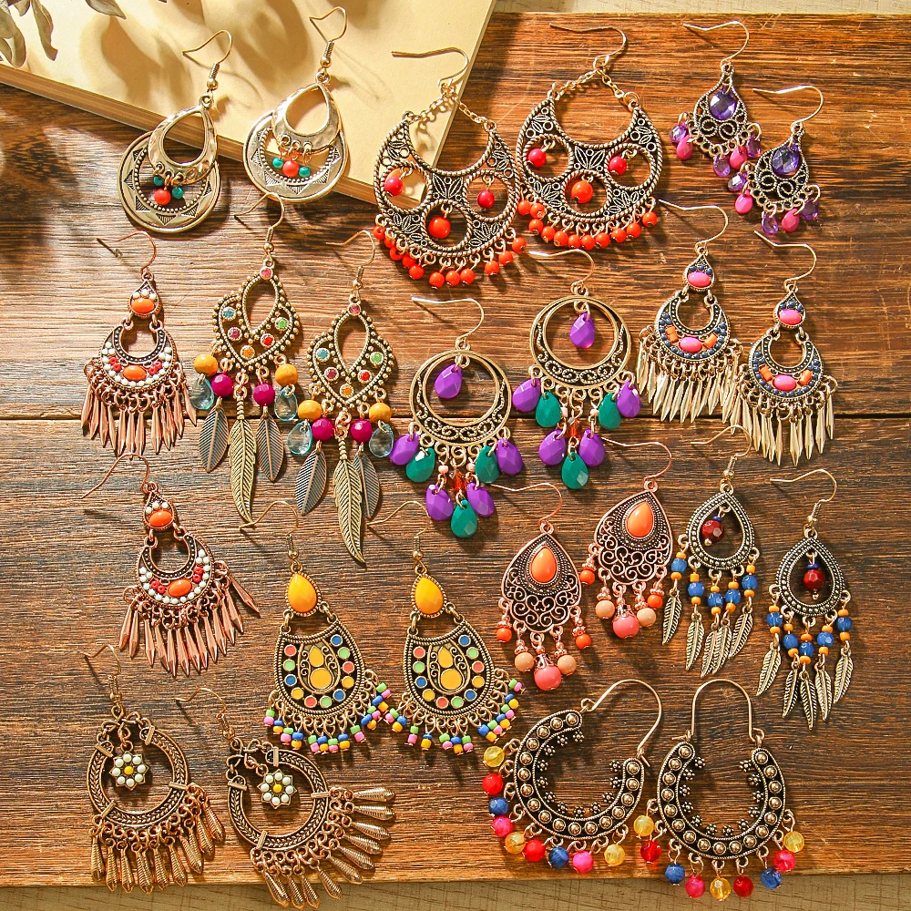 12pairs Boho Vintage Earrings for Women Vacation Court Style Handmade Tassel Eardrop Daily Wear Work Party Decors Gift Versatile