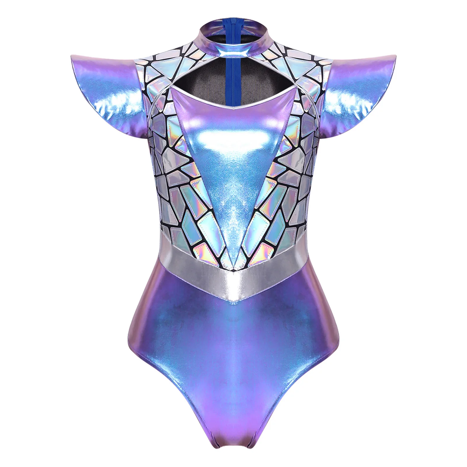Womens Alien Robot Cosplay Leotard Metallic Shiny Bodysuit Gradient Sequins Front Cutout Fly Sleeve Moc Kneck Carnival Dress Up view 3