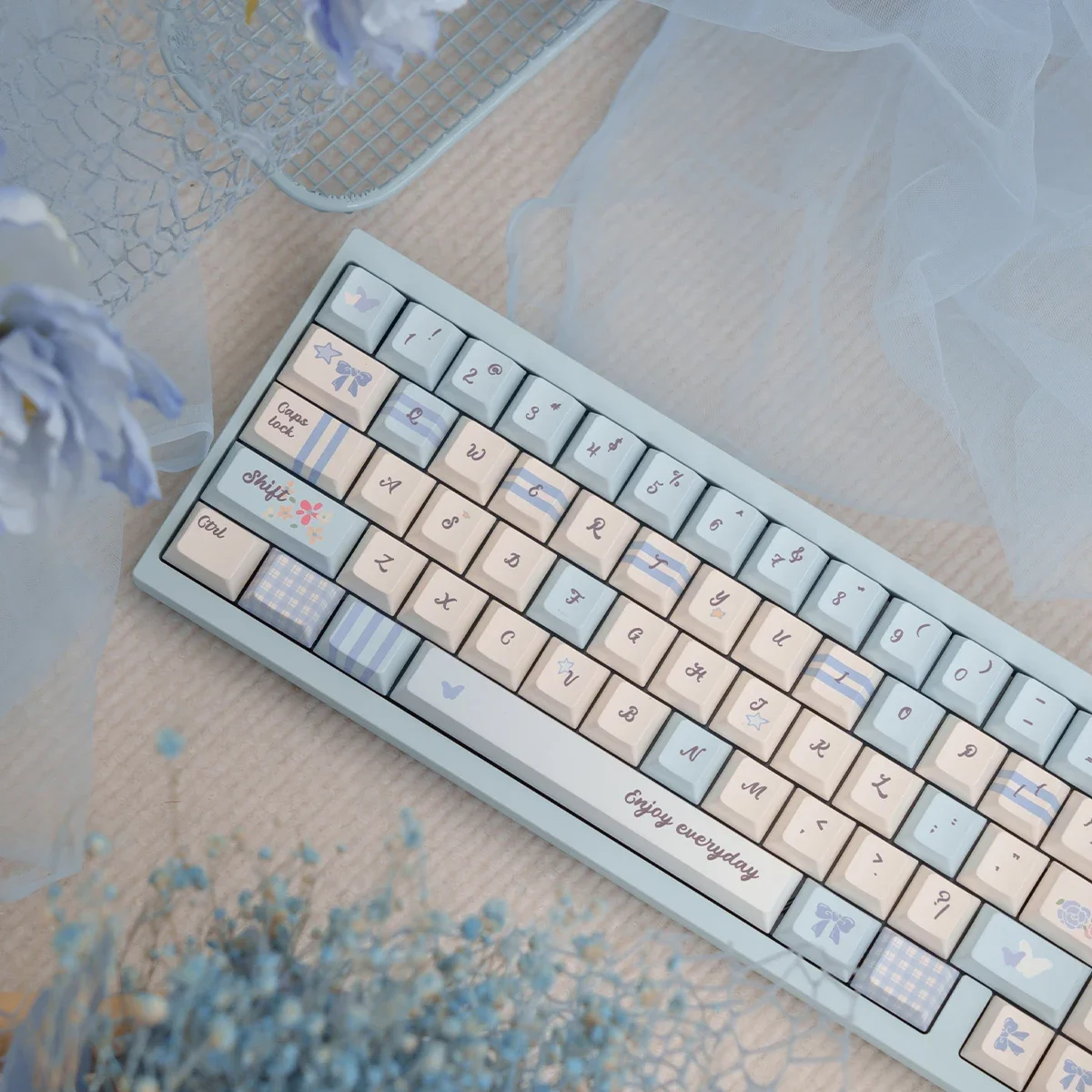 Blue/Pink Plaid Garden Mechanical Keyboard Keycaps Full Set PBT Sublimation Original Factory/MOA Height