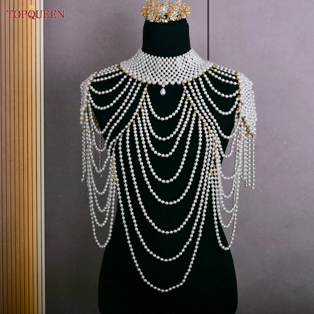 

TOPQUEEN New Arrival Women'S Short Top Pearl Beaded Bridal Pearl Shawl Sexy Evening Dress Wedding Accessories Customizable Vg66