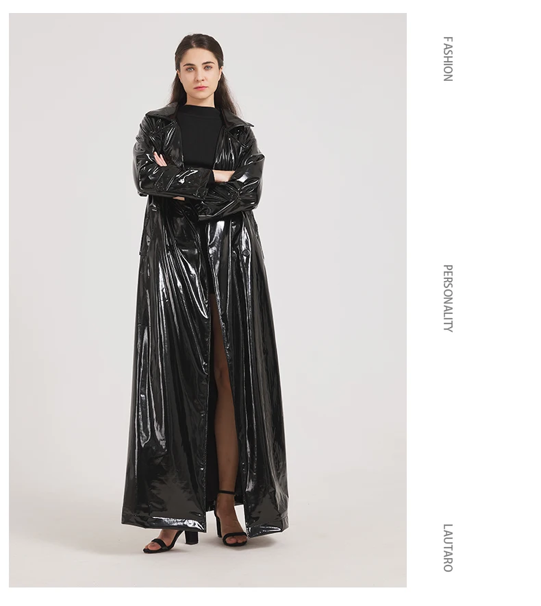 Lautaro Spring Autumn Black Shiny Reflective Soft Patent Leather Trench Coat for Women Luxury Designer Floor Length Clothes 2024