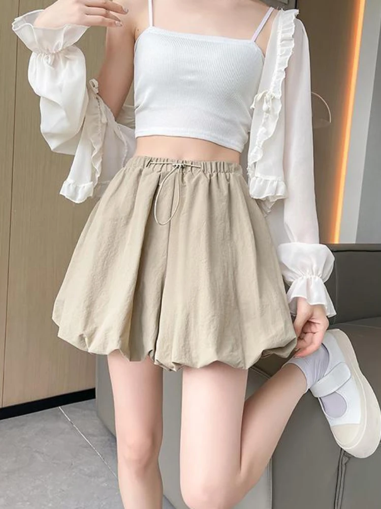 Shorts Women A-line High Waist Drawstring Slim Loose Fit French Lantern Style Solid Casual Breathable Fashion Streatwear Chic