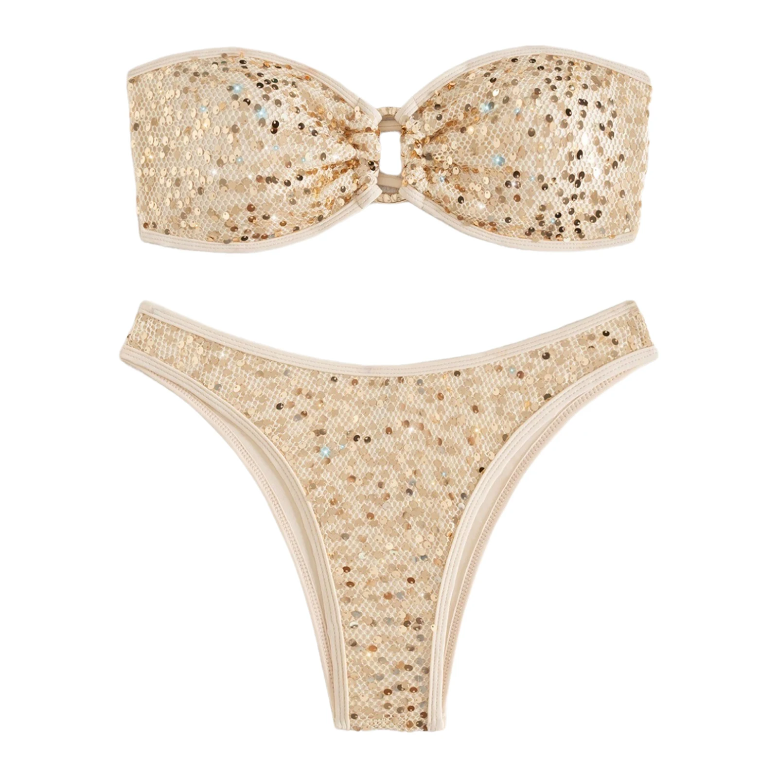 

High Waist Sequin Bikini Set for Women Glittery Strapless Bra Top with O Ring Lace Up Back Briefs for Swimming Sunbathing Pool