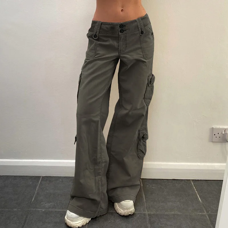 Retro Pocket Low Waist Jeans Simple Tooling Style Loose Basic Versatile Straight Trousers