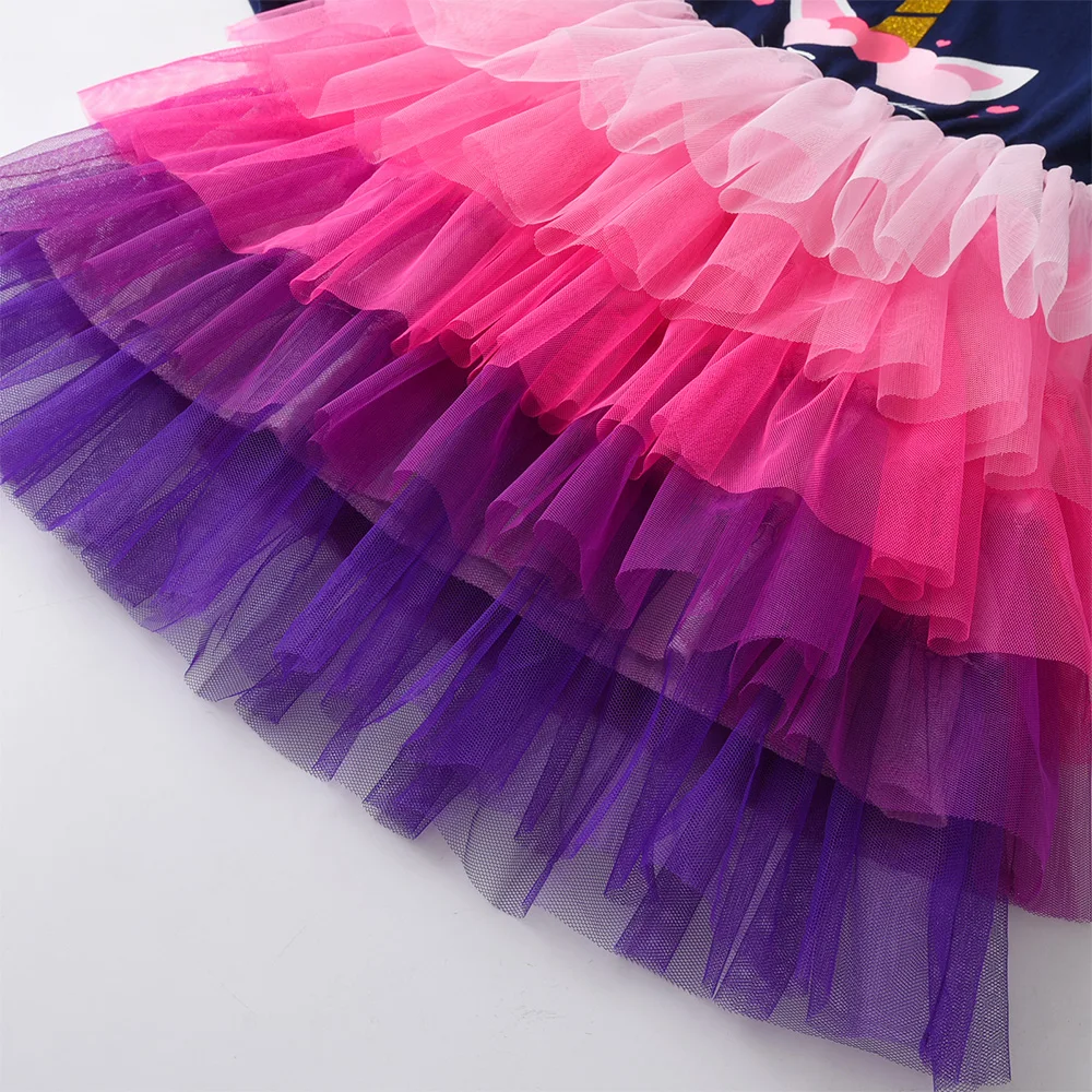 VIKITA Girls Princess Dress Kids Mesh Tulle Tull Dress Girl Unicorn Print Cartoon Layered Dresses Girls Infantil Vestidos 3-12 Y