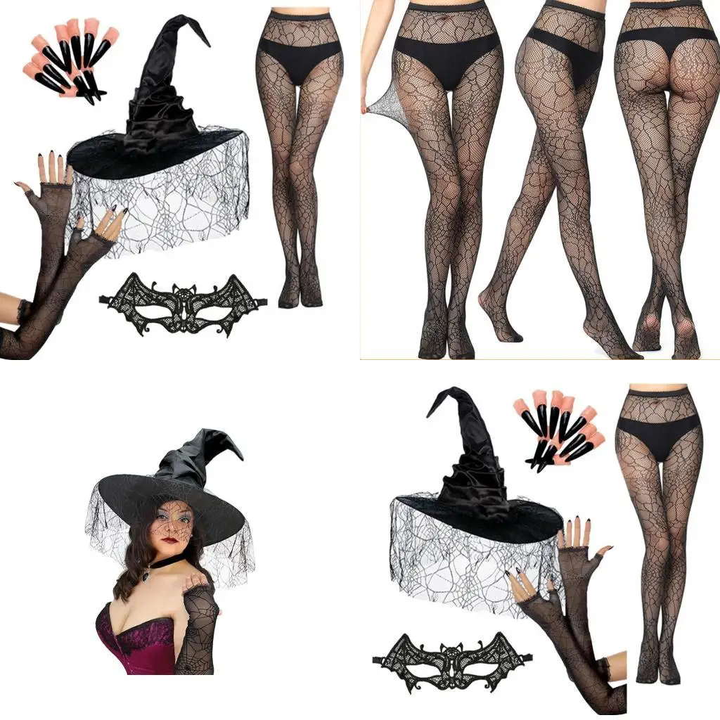 

652F Black Polyester Witch Role Play Gloves Mask Arm Sleeves Stocking For Halloween Party Costume Event