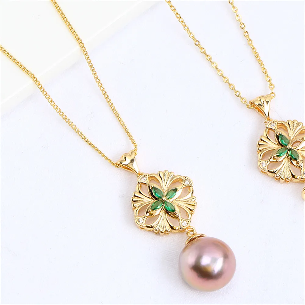 

Domestic 14k Gold Plated Diamond Inlaid with Green Zirconium Pearl Necklace Pendant Empty DIY Accessories