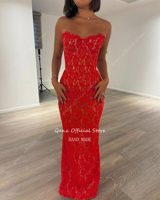 Qanz Red Lace Appliques Robes De Soirée Sweethert Sleevelss Mermaid Prom Dresses Corset Back Evening Dresses Woman Customized 4 Qanz Red Lace Appliques Robes De Soirée Sweethert Sleevelss Mermaid Prom Dresses Corset Back Evening Dresses Woman Customized 4