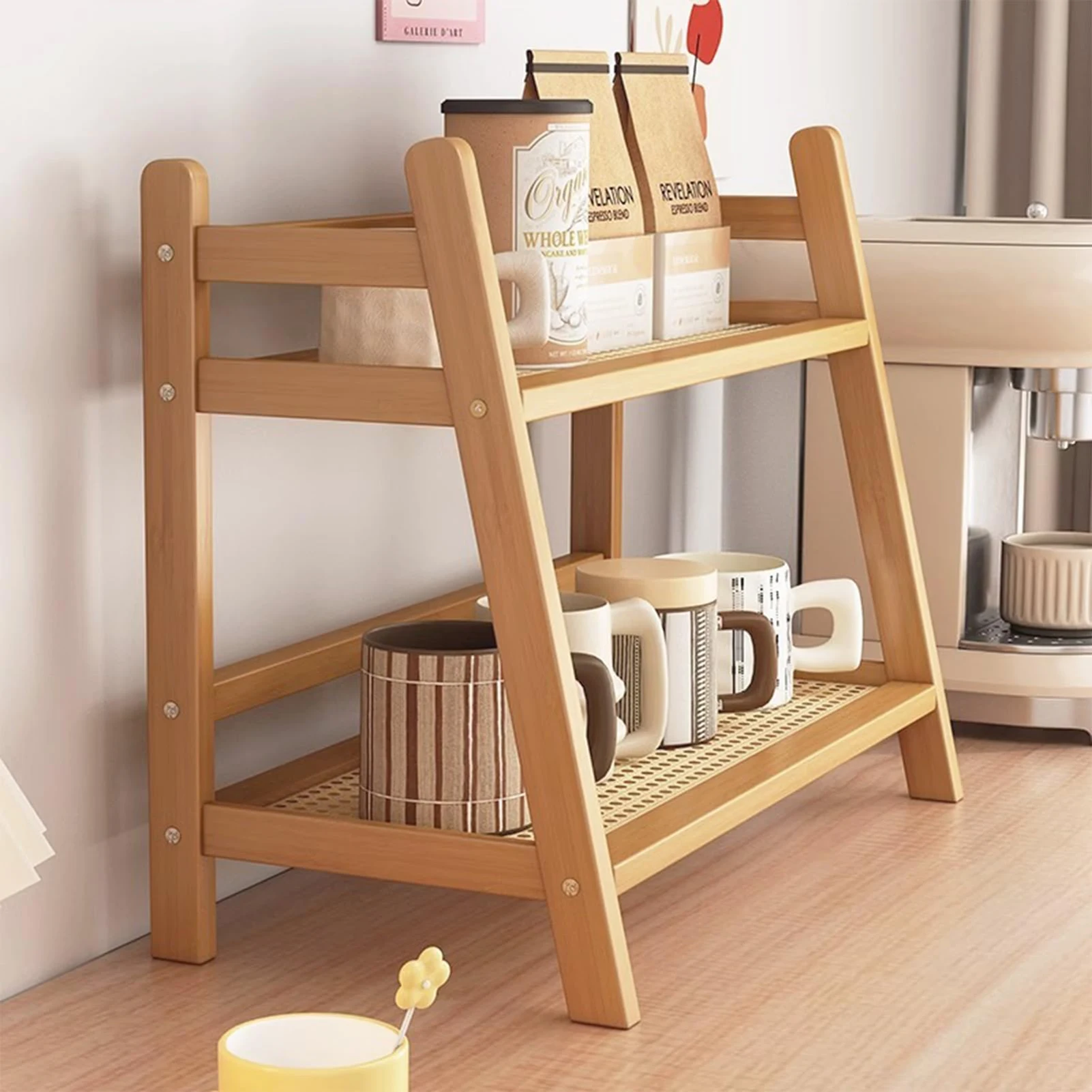 Wooden Double Layer Rack Simple Standing Utility Storage Shelf Practical Gifts for Families Friends