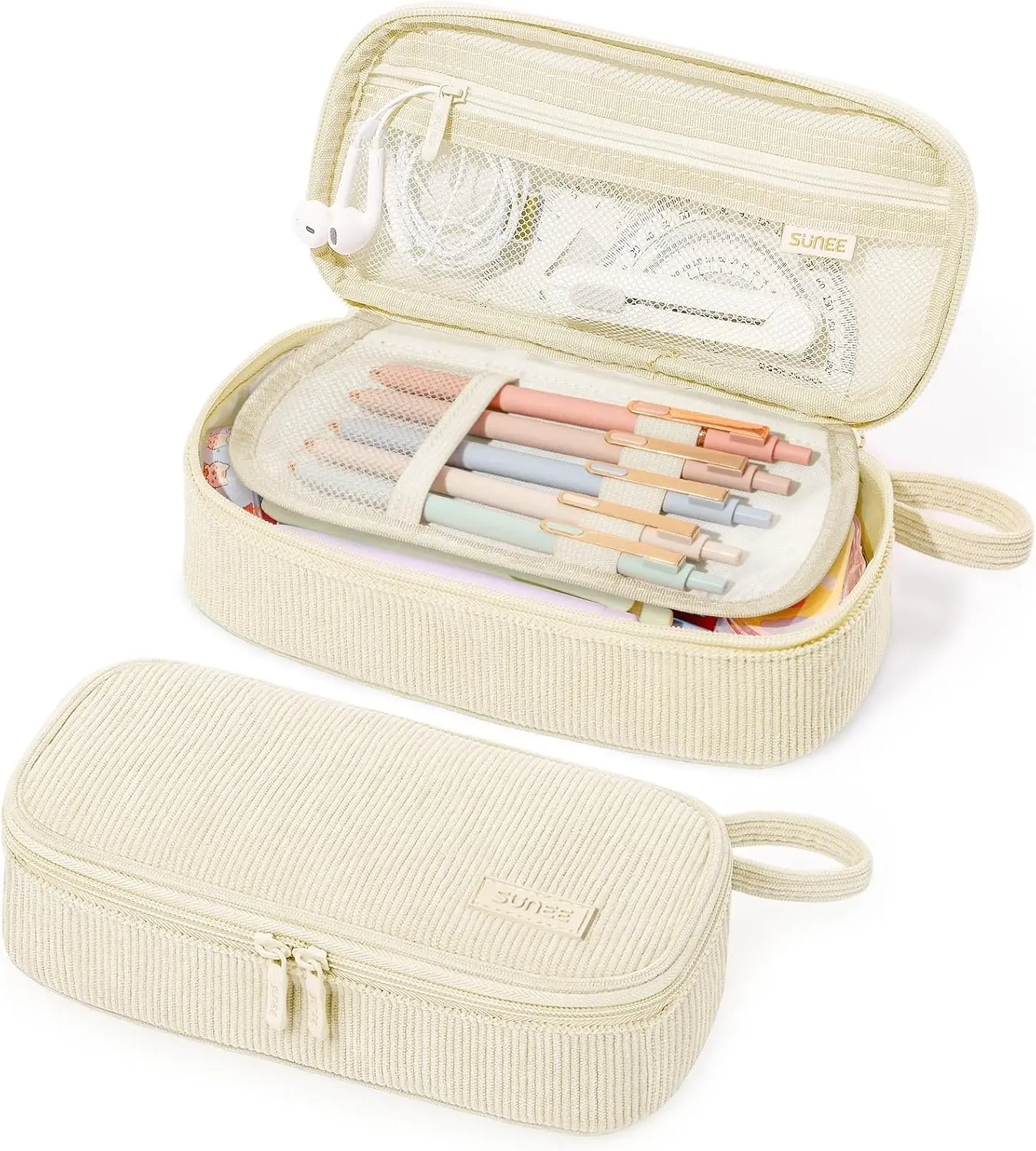 

SUNEE Cute Pencil Case, Large Capacity Pencil Pouch Aesthetic Zipper Pencil Bag, Big Storage Pen Organizer for Stationery, Soft Corduroy Pencil Box Back to School Supplies for Teen Girls Boys, Beige
