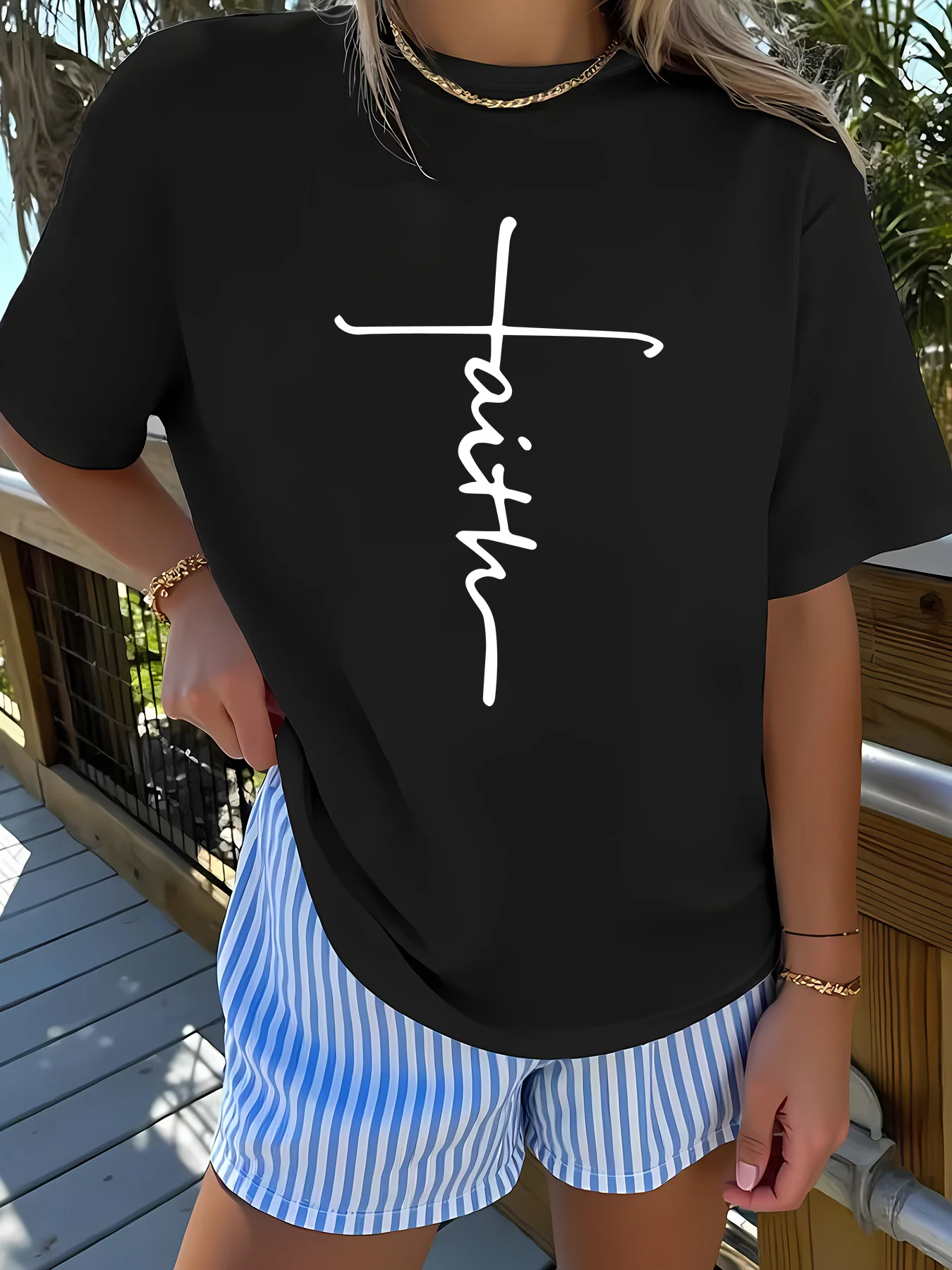 Faith Cross Script Lettering Womens Crew Neck Short Sleeve T Shirt Religious Minimal Inspirational Casual Graphic Tees For Women