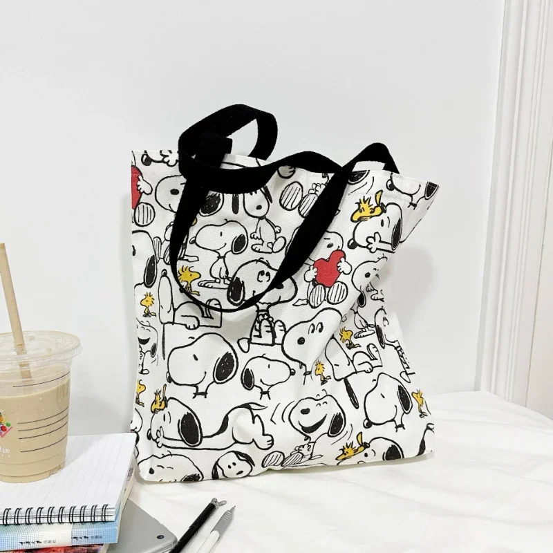 2024 New Miniso Premium Snoopy Printed Portable Canvas Shopping Bag Original Student Kawaii Cartoon Anime Tuition Bag Gift