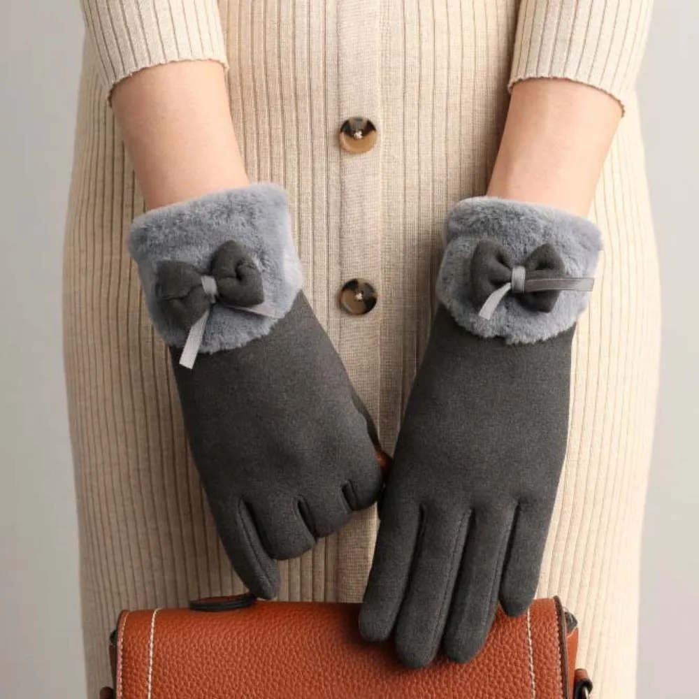 

Для подарка, женские перчатки с защитой от холода, мягкие утолщенные замшевые перчатки с бантом, теплые ветрозащитные варежки для сенсорного экрана, велосипедные варежки