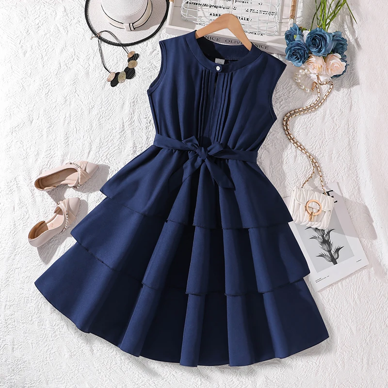 Girls 8-12 Fashion Dress, Solid Color Stand Collar Button A-Line Tiered Dress, Chic and Stylish for Daily Outings